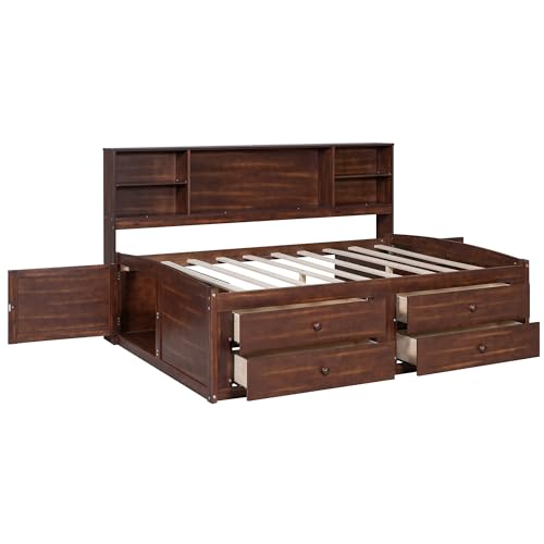 Full Size Wood Captain Bed with Storage Bookcase Drawers and Headboard R466
